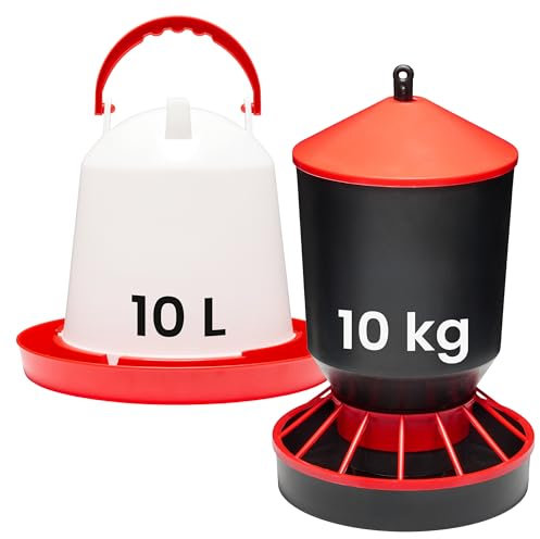 Garronda Set: Hühnertränke 10 L & Futterautomat 10 kg – Automatischer Wasserspender & Futterspender für Hühner, Wachteln und Küken, leicht zu reinigen, aus BPA-freiem Kunststoff GD-0152