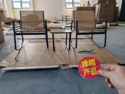 COSTWAY Salon de Jardin 3 Pièces avec Chaises à Bascule Table en Verre, Ensemble de Meuble Extérieur 2 Fauteuils Cadre Métallique Charge 150KG, pour Porche Bord de Piscine Balcon (Marron)