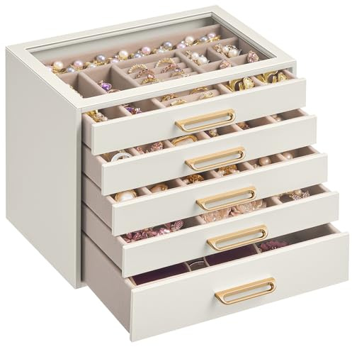 SONGMICS Jewellery Box, 5-Layer Jewellery Storage Organiser with Glass Window, 5 Drawers, Large Capacity, Modern, Golden Handles, Gift Idea, 17.2 x 24 x 18.4 cm, Cream White JBC205WD01