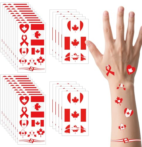 190 unidades (30 hojas) tatuajes de bandera canadiense VEINARDYL impermeables temporales de sudor tatuajes con diseño de Canadá Estatutos faciales extraíbles con bandera nacional para hombres y
