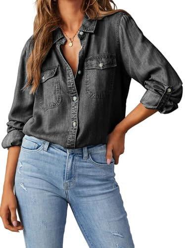 Kouoybt Women Denim Shirt Long Sleeve Button Down Shirts Casual Loose Jean Blouse Vintage Denim Tops with Pockets (A-Dark Grey, L)