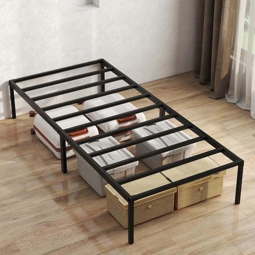 Ollewiellan Bettgestell 90 x 200 cm, 200 kg Statische Tragkraft, Metallbett, Bett Stabil mit Stauraum, Bettrahmen Einfache Montage, Geräuschfrei & Kratzfester Bodenschutz