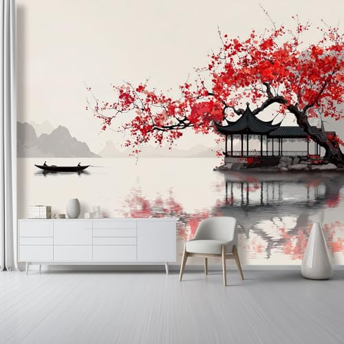 Vlies Fototapete Landschaft 400 x 280 cm, Creme Fototapeten für Wohnzimmer Schlafzimmer - Vliestapete Wandtapete Tapete 3D Effekt - Chinesischer Stil Blumen Seen Pavillons