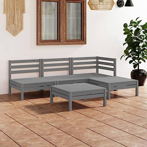 Yunovire 5-TLG. Garten-Lounge-Set, Massivholz Kiefer Grau, modulares Outdoor Sofa Set für Terrasse, Balkon, Veranda, wetterfest