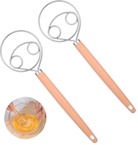 TIESOME 2 Pcs 10-Inch Danish Dough Whisk, Dough Hook, Stainless Steel | with PP Handle, Sturdy Dutch Bread Mixer, for Sourdough, Pizza & Pastry, Baking Tools, Natural Wood Color