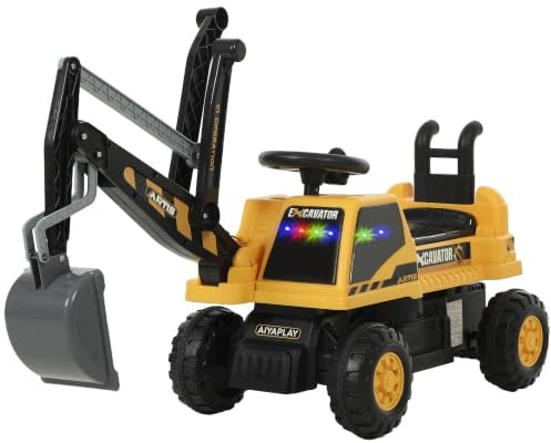 AIYAPLAY Sitzbagger Aufsitzbagger mit Schaufel Lenkrad, 1,5-3 Jahre, Gelb | Kinderbagger, Drehbar Aufbau, Verstellbar Rückenlehne, Rutschauto, Spielzeugbagger zum Sitzen, Bis 25kg
