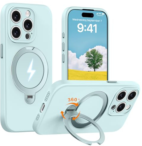 AurySharled 360° Magnet Ständer für iPhone 15 pro max Hülle, Hellgrün | Upgraded Kameraschutz, Mil-Grade Drop Shockproof stoßfeste Weiches Anti-Scratch Mikrofaserfutter, Liquid Silicone Hülle
