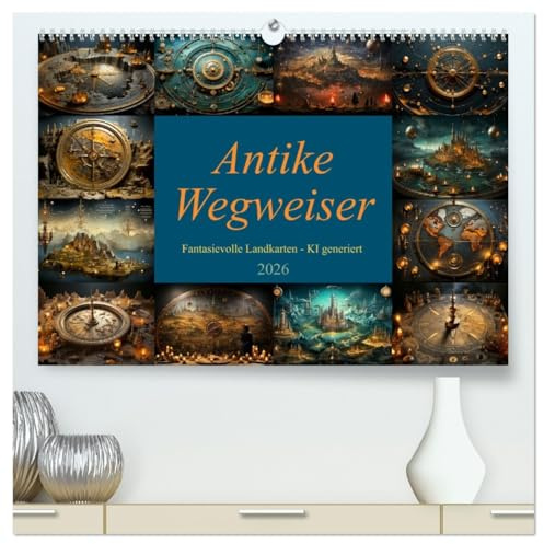 Antike Wegweiser (hochwertiger Premium Wandkalender 2026 DIN A2 quer), Kunstdruck in Hochglanz: Fantasievolle Landkarten und geheimnisvolle Symbole - Abenteuer KI generiert (CALVENDO Wissenschaft)