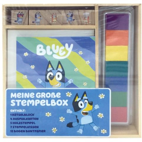 Bluey: Meine große Stempelbox: Holzbox mit Rätselblock, 4 Ausmalkarten, 5 Holzstempel, 7 Stempelkissen und 12 Bogen Buntpapier