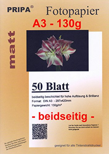 pripa 50 Blatt InkJet Fotopapier - matt beidseitig beschichtet - OHNE Glanz - DIN A3-130g - Tintenstrahldrucker