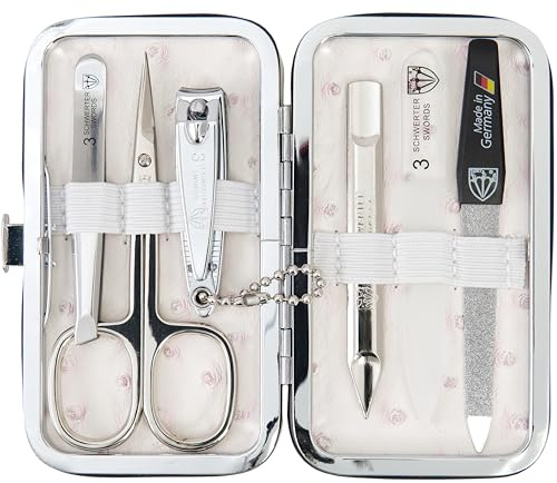 DREI SCHWERTER - Germany 6-tlg. Maniküre Set 'Catania' Nagelset mit Hautschere, Nagelknipser, Pinzette, Saphirnagelfeile, Glasnagelfeile, Nagelreiniger im Rahmenetui - Straussimitat beige