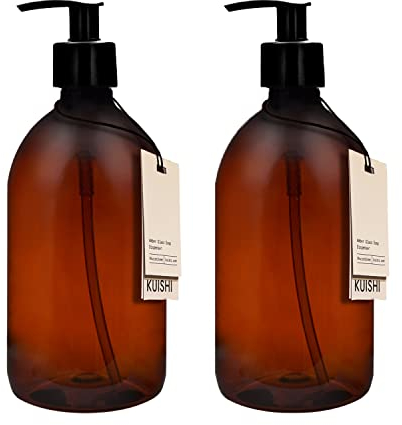 Kuishi Brown Amber Plastic Bottles with Pump Dispenser [500ml x 2], BPA-Free Plastic Pump Bottles, Empty Pump Dispenser for Handwash, Lotions, Sanitiser, Shampoo, Conditioner, Shower Gel