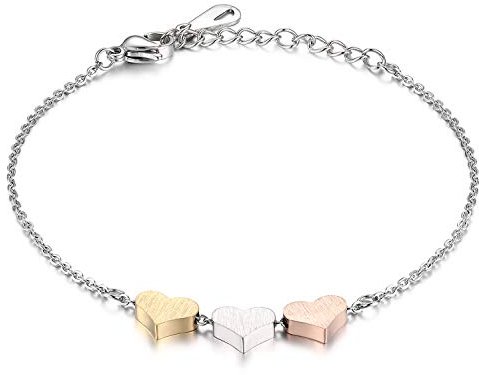 JewelryWe Schmuck Damen Armband Fußkettchen Edelstahl Dreifarbig Herz Charmsarmband Armkette Fußkette Gravur Rosegold Gold Silber