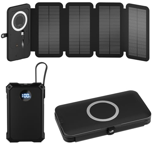 YELOMIN Solar Charger Power Bank 5000mAh with 4 Foldable Panels & 2 Built-in Cables, Wireless Portable Charger, Outdoor External Battery Pack with USB-C in/Output & SOS Flashlight for Camping Hiking