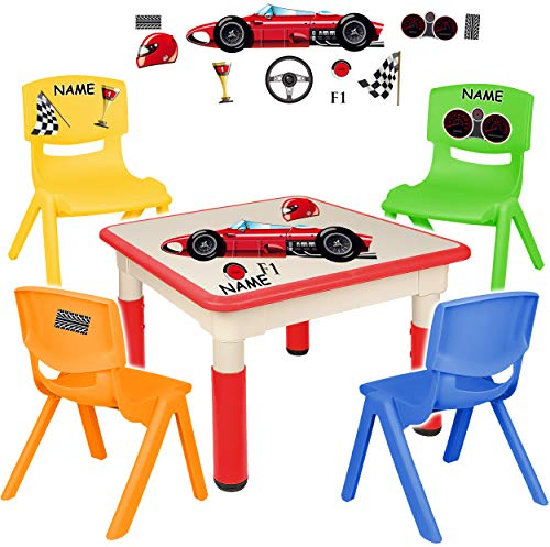 alles-meine.de GmbH Sitzgruppe für Kinder - Tisch + 4 Kinderstühle - Größen & Motiv & Farbwahl - Auto - Rennwagen/rot - inkl. Name - höhenverstellbar - 1 bis 8 Jahre - Plastik ..