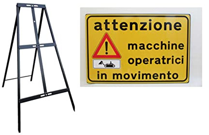 CARTELLO IN LAMIERA SCATOLATA RETTANGOLO 60X40 cm - attenzione macchine operatrici in movimento - SEGNALE CATARIFRAGENTE CON CAVALLETTO (CARTELLO)