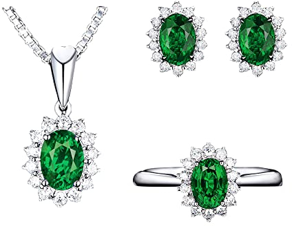 FFWTPY Oval Smaragd Schmuck Set Halskette Ohrringe Ring Silber Kristall Zirkonia Damen Schmuckset Elegant Klassisch Luxus