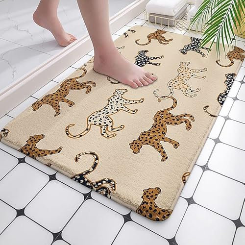 Badezimmerteppich Leopardenbeige Badematte Flauschig Mikrofaser Badvorleger rutschfest Duschvorleger Schnelltrocknend Badteppich Waschbar Duschvorleger Verdicken Badematten Badmatte 50x80cm