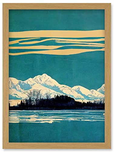Wee Blue Coo Winter Lakeside Landscape With Snowy Mountains Duotone Teal Artwork Framed Wall Art Print A4