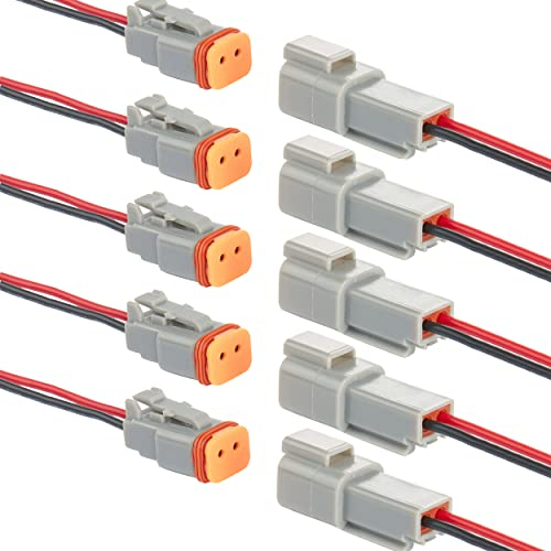 WOODGUILIN DT Stecker Connectors 2 Polig,DT Steckverbinder Wasserdichter,DT Stecker Steckverbinder,DT Auto Wasserdicht Elektrische Stecker Connectors,mit 20cm 16 AWG Kabel,Grau(5 Pairs, 2Pin DT)