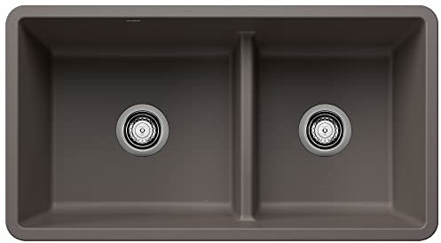 BLANCO PRECIS SILGRANIT 443117 Fregadero de cocina con doble tazón 60/40 con división baja, 33 pulgadas de largo x 18 pulgadas de ancho, gris volcán
