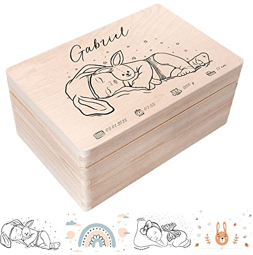 Creative Deco Erinnerungsbox Baby Personalisiert mit Namen | 30 x 20 x 14 cm | Individuelle Erinnerungskiste Geschenk zur Geburt für Mädchen und Jungen | Holzkiste mit Deckel | Farbdruck