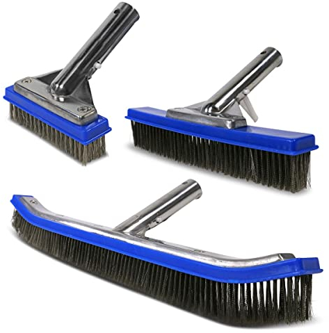 Premium Wand- und Boden-bürsten mit Metallborsten Reinungsbürste Beton Fliesen Mosaik Beckenbürste Algen Schwimmbecken Pool (3er Set Beckenbürsten (verstärkt, 12,5 cm, 25 cm & 45 cm))