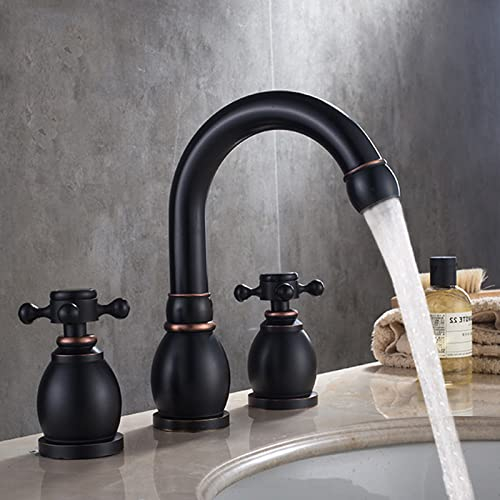Badezimmer-Waschtischmischer Retro, doppelter Kreuzgriff, schwenkbarer Auslauf, Waschbecken, Messing-Waschtischarmatur mit heißem und kaltem Wasserhahn, 2 Griffe, 3 Löcher, Schwarz Commemoration Day