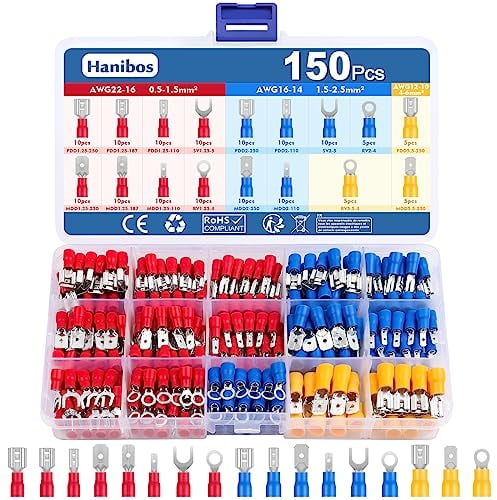 Hanibos 150 Pcs Crimp Connectors Electrical Crimp Connectors 0.5-6.0mm² Insulated Crimp Terminals Male and Female Spade Connectors Ring Terminals for Garages Car Electricians Mechanics Repairs