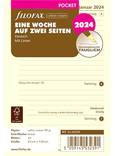 FILOFAX Kalendereinlage Pocket 1 Woche auf 2 Seiten cotton creme (Deutsch)2024
