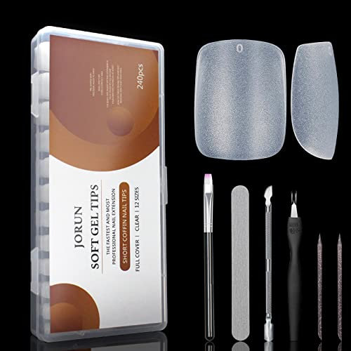 240 PCS Extra Short Square Gel False Nail Tips, Transparent Soft Gel Full Cover False Nail Tips, 12 Sizes Kit, Suitable for Salon and Family DIY.