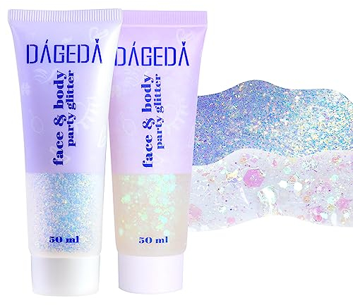 Prreal Body Glitter Gel, Face Glitters Body Gel Sequins Shimmer Liquid Eyeshadow, Chunky Glitter for Face Nails Hair, Holographic Mermaid Sequins for Festival Makeup 100ML (White+Galaxy Blue)
