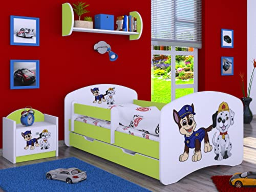 Happy Babies Bett für Kinderzimmer 140x70 mit Schublade, Bett und Matratze für Mädchen, Kinderbett mit Schutz vor dem Herausfallen und Einer Schublade, Einzelbett, Hundemotiv, Junge - Weiss