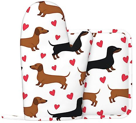 Oven Mitts and Pot Holders Sets of 2, High Heat Resistant Kitchen Romantic Dachshunds Oven Glove with Hot Pads for Baking, Garden, Labor Day Essentials