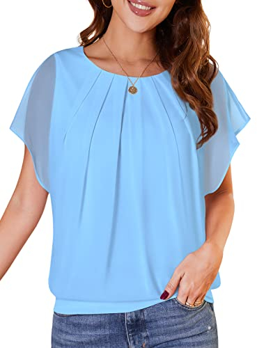 WANGZHI Damen Sommer Fledermausärmel Chiffon Bluse Rundkragen Casual T-Shirt Loose Fit Kurzarm Tunika Festliche Oberteile Basic Shirt Tops Chiffonbluse Hellblau,XL