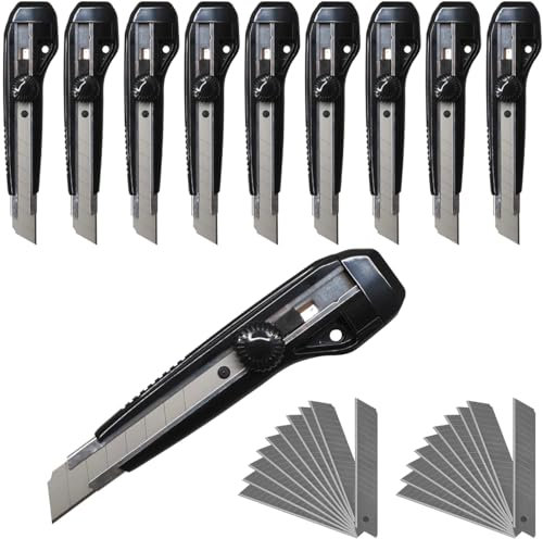 WAYTEX Lot de 10 cutters 18mm à Molette + 40 lames de rechange, Guide lame métal et réserve pour 2 lames dans le manche