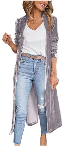 AMhomely Velvet Cardigan For Women Long Velvet Cardigan Plaid Velvet Maxi Duster Cardigans Open Front Trench Coat Velvet Jacket Casual Lapel Collar Open Front Cardigan Coat Long Outerwear Grey S