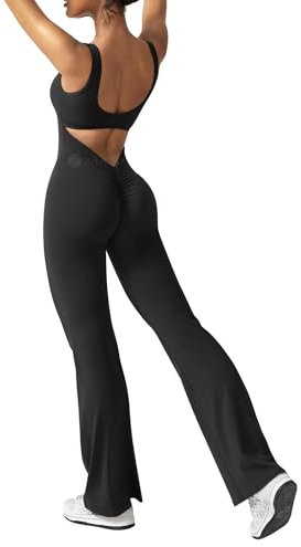 ZAAYO Damen Flared Jumpsuit Tight Scrunch Butt Overalls Lang Ärmelloser Sport rückenfrei Jumpsuit Yoga Bodycon Einteiler Ganzkörperanzug Stretch Elegant Jumpsuits Schwarz Medium