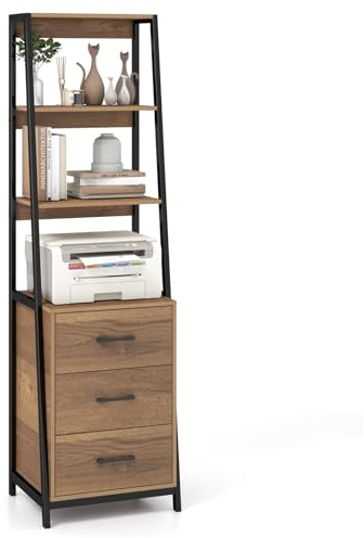 COSTWAY Bücherregal, Büroregal mit 3 Schubladen & 4 offenen Regalen, Leiterregal Industrie-Design, Standregal Holz & Metall, schmales Regal für Wohnzimmer Arbeitszimmer Büro, 51x40x175cm (Braun)