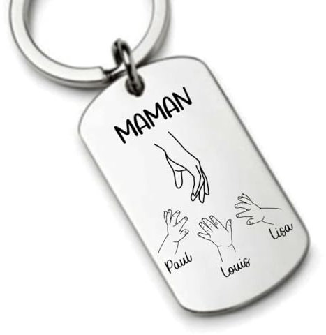 Porte-clés Personnalisé Main de Maman et Enfants en Inox - Cadeau Émotionnel pour Maman - Gravure des Prénoms - Fabriqué en France - Idéal pour la Fête des Mères et les Anniversaires (3 enfants)