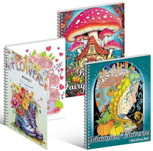 Kalysky 3 Stück Malbücher für Erwachsene, Ausmalbuch für Erwachsene Themen umfassen Blumenwelt, Skurriles Universum, Fantasie Feenhäuser zum Stressabbau Geschenk für Frauen