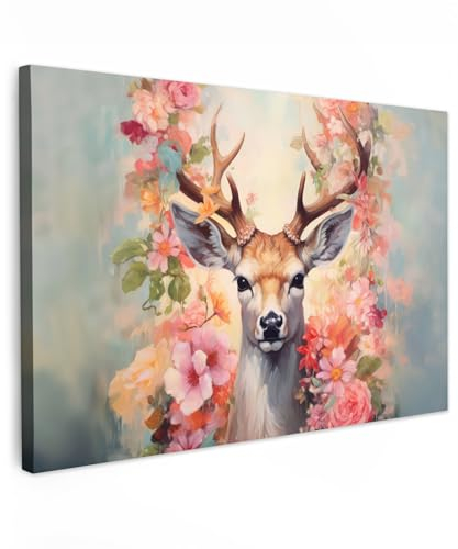 MuchoWow© Leinwand Groß 120x80 cm XXL Deko Schlafzimmer Aesthetic Leinwandbilder Wohnzimmer Gemälde Foto Geschenk Living Room Decoration Hirschkopf Wanddeko Hirsch Bild - Reh - Blumen - Rosa