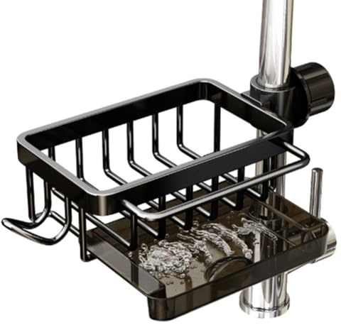 Kitchen Sink Faucet Organizer, Aluminum Dish Sponge Holder Sink Caddy, Sink Organizer Over Faucet, Hanging Storage Rack with Drip Tray for 0.7-1.1 Inch Round Water Pipe (Black, Right)
