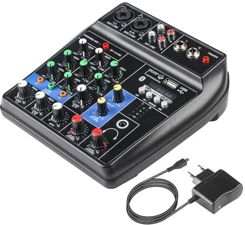 Audio Mixer 4 Channel, Mixing Board Console With DJ Mixer, Sounds Mixer for Streaming, Usb Audio Interface and 48V Phantom Power Mixer, DJ Studio Sound Board with FX Reverb Delay Effect.
