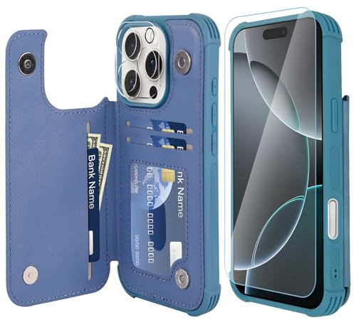 VANAVAGY Fit Car Mount Wallet Case for iPhone 16 Pro Max,Blue | PU Leather Flip Cover for Men & Women,12ft Drop Protection,RFID Blocking Card Holder,Kickstand,Includes Screen Protector