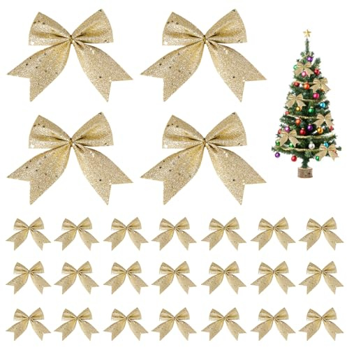 FANCYWUXI 25 Stück Weihnachtsschleifen Weihnachtsschleifen Bogen Hänge Deko | Weihnachten Schleifen Glitzer Gold Zierschleifen für Weihnachtsbaum für Weihnachtsbaumschmuck Schleifen Weihnachten