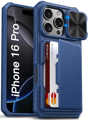 Vihibii for iPhone 16 Pro Wallet Case with Card Holder (4 Cards) & Slide Lens Protector & RFID Blocking Back & Raised Edges Protect Screen, Shockproof Rugged Cover for iPhone 16 Pro 6.3, Blue