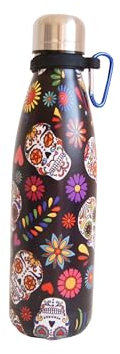 Botella térmica 500ml con tapa y gancho, acero inoxidable. Estilo calaveras mexicanas.