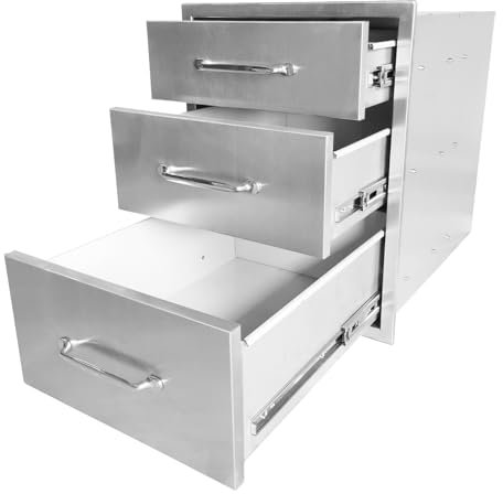 PioneerWorks 45,7 cm B x 58,4 cm H x 58,4 cm T Außenküchenschubladen, 3-lagige Außenküchen-Zugangsschublade, Edelstahl-integrierte Grillschublade für Outdoor-Kücheninsel, Terrassen-Grillstation