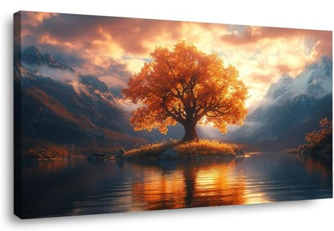 BOHUO Giallo, grigio Quadro Albero della vita Stampa su Tela XXL, Lago di montagna Quadri Murale Moderno Grafica Decorazioni da Parete Pittura Decori-60x120cm Incorniciato